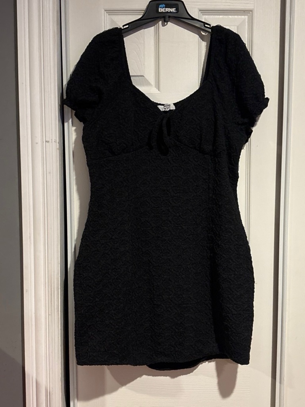 Textured Black Mini Dress with Tie Front